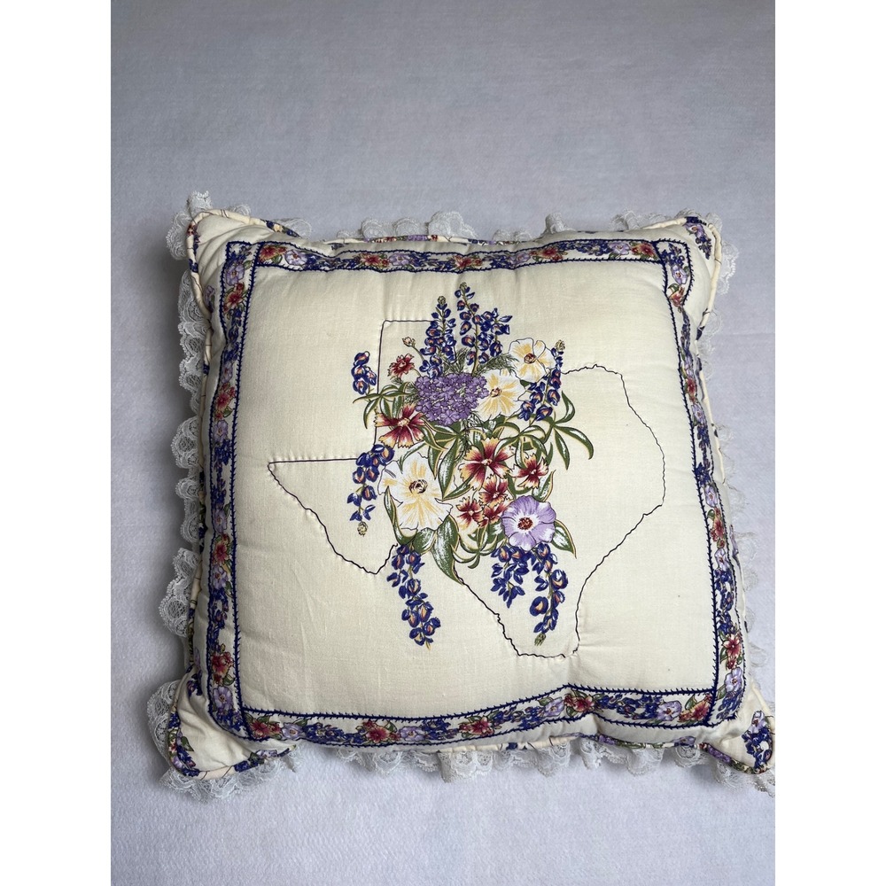 Vintage Texas Bluebonnets Wildflower Lace Trim Throw Rustic Cottagecore Pillow